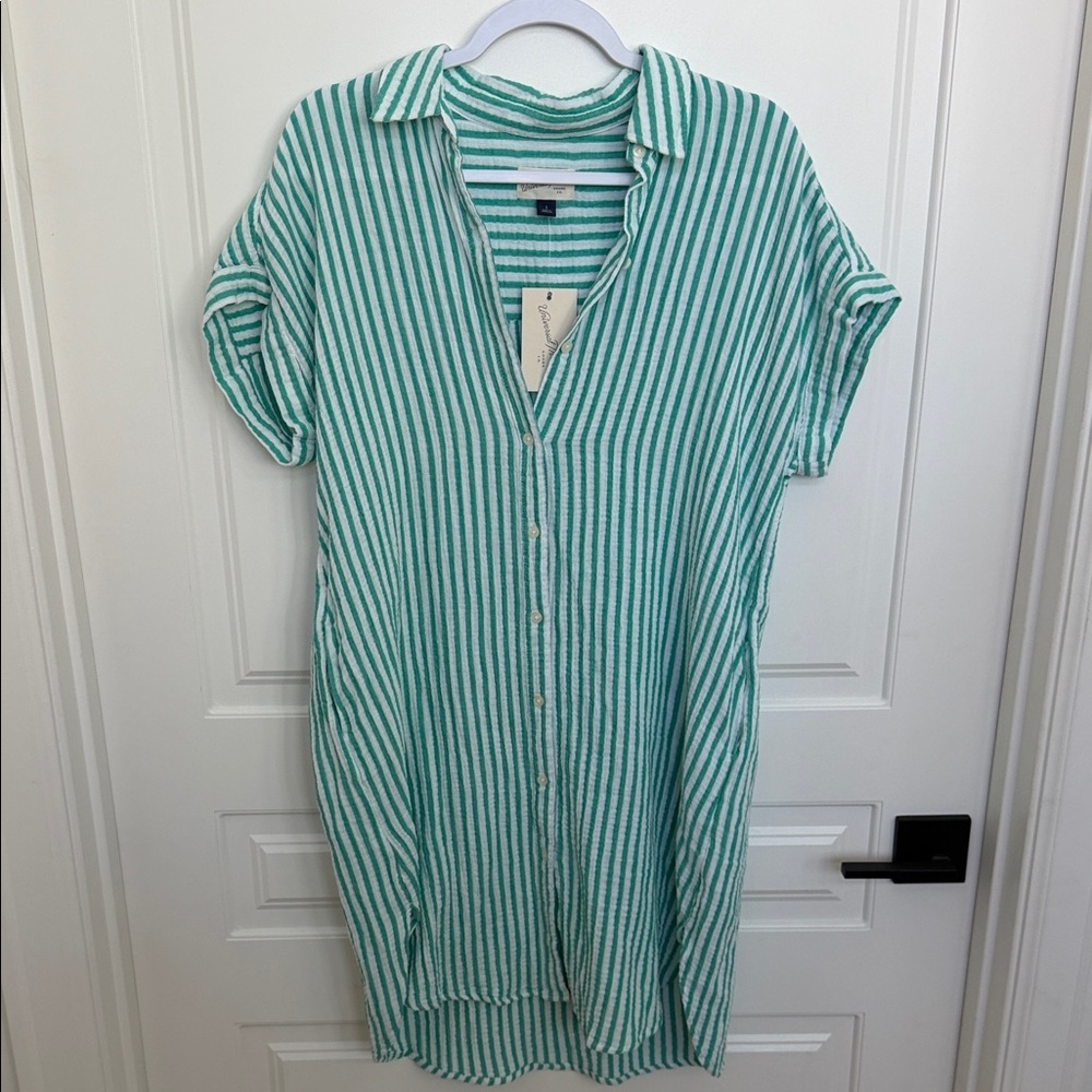 Green and White Striped Button-Front Dress-cute Beach Cover Up Option